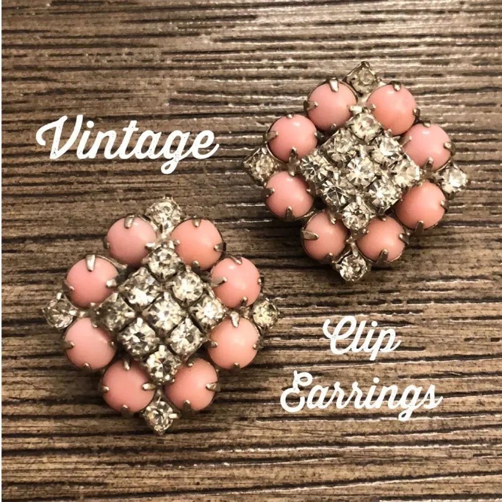Diamond Shaped Pink Milk Glass Rhinestone Earrings
